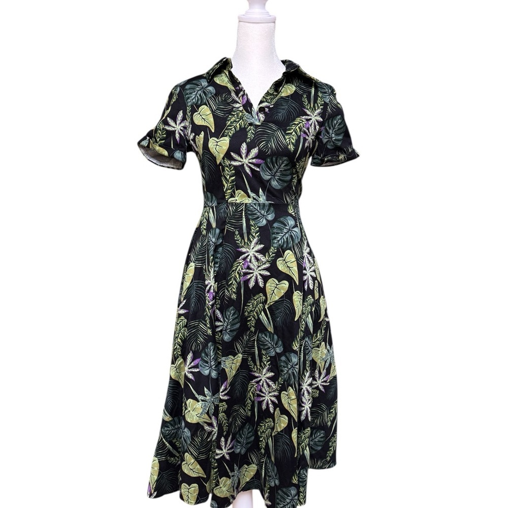 Collectif Black Tropical Leaf Midi Dress